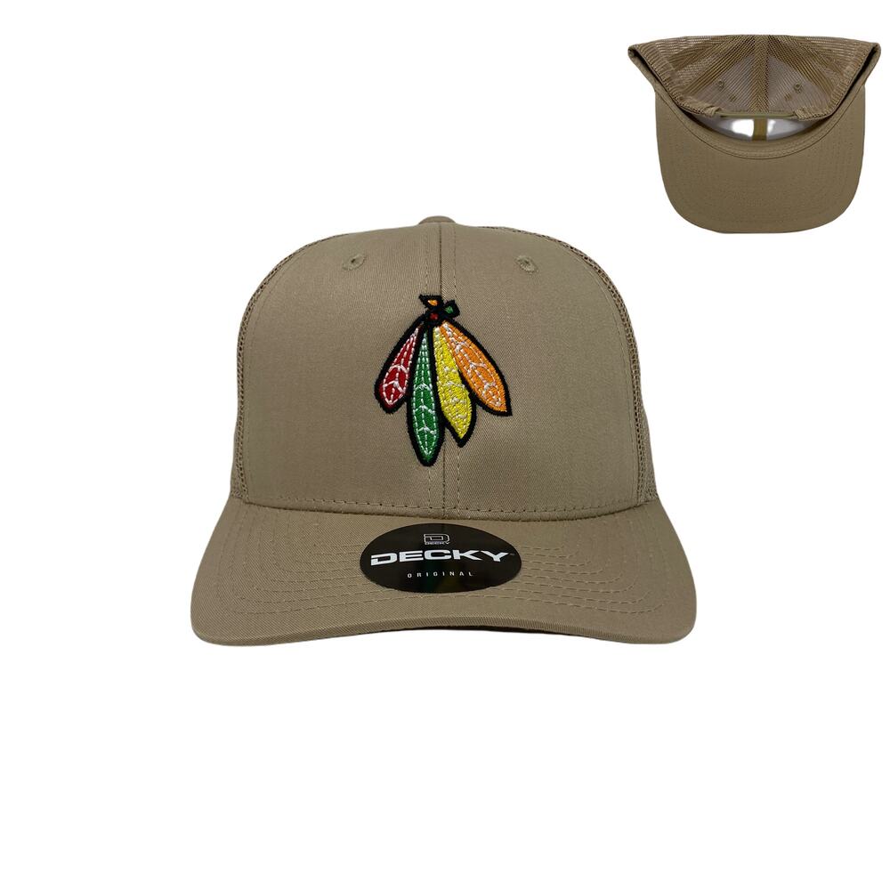 Indian Feather Bundle Trucker Hat in Khaki